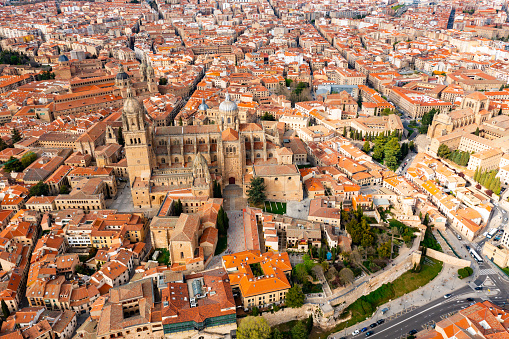 Picturesque architecture of ancient central district of Salamanca with impressive gothic cathedral, baroque domes of Clerecia and Palace de Anaya and terracotta tiled roofs of houses in spring, Spain