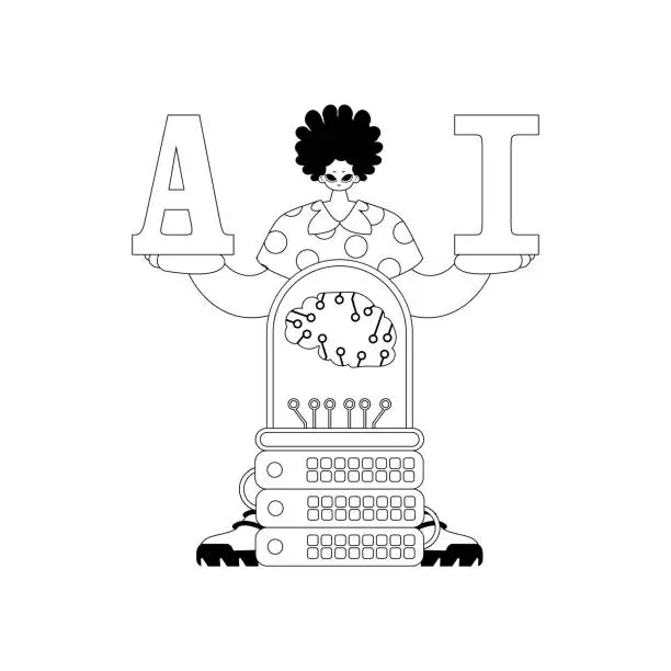 Vector illustration of AI guy and server in vector linear style, set on an artificial intelligence theme