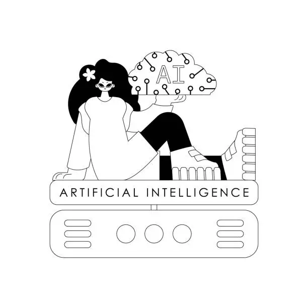 Vector illustration of Girl and AI server in linear vector style with artificial intelligence theme