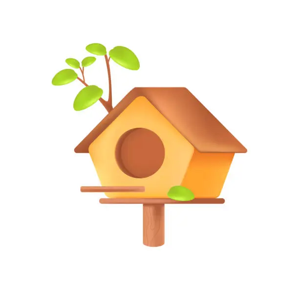 Vector illustration of Cute wooden birdhouse on tree 3D illustration