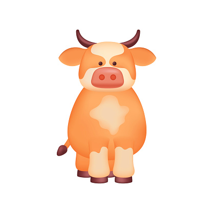 Cute orange cow character as kids toy 3D illustration. Cartoon drawing of adorable domestic or cattle animal as gift or mascot in 3D style on white background. Wildlife, agriculture or farming concept