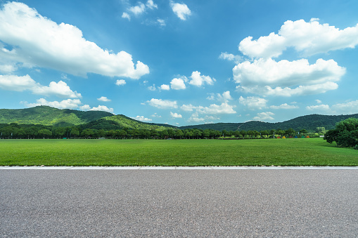 Carretera asfaltada y prado verde photo