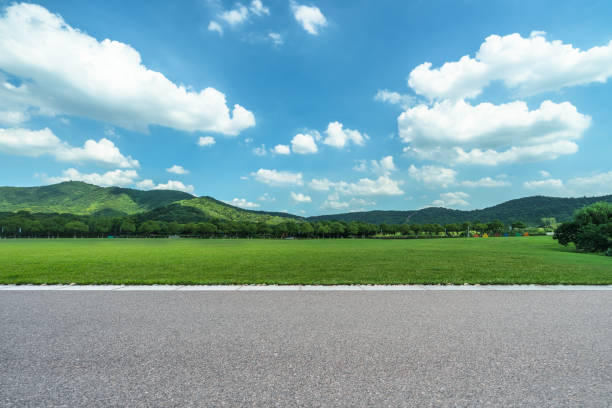 strada asfaltata e prato verde - ciglio della strada foto e immagini stock