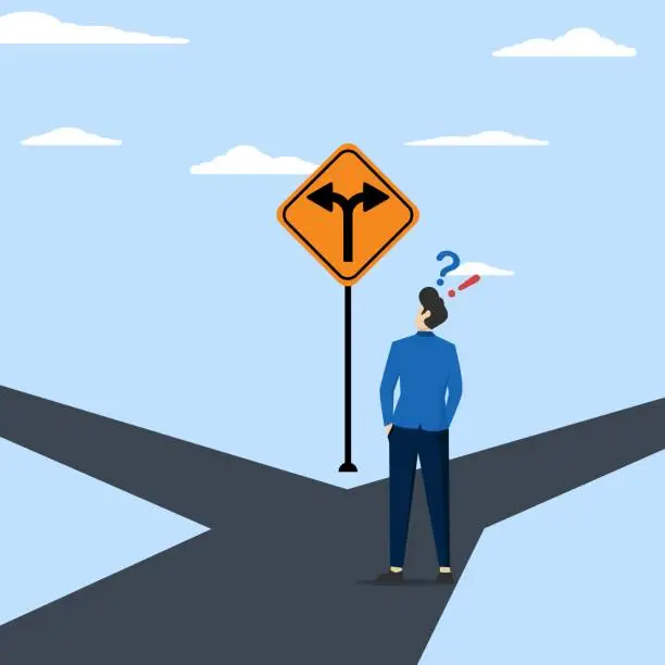 Vector illustration of The decision to choose paths, alternatives, or choices, determine the career path, determination or thought to find solutions, contemplate entrepreneurs who think where to go on a road mark.