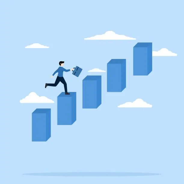 Vector illustration of Career advancement, business development or growth, improvement opportunity concept, salary or job, promotion to more responsibility, successful businessman increasing progress bar chart ladder.