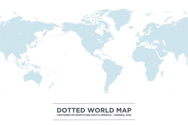 Dotted world map centered on the Americas, medium size Dotted world map centered on the Americas, medium size world map china saudi arabia stock illustrations