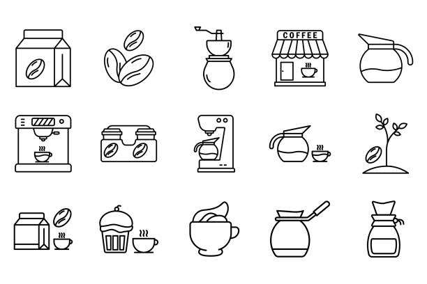 illustrations, cliparts, dessins animés et icônes de illustration de l’icône de jeu d’éléments café. style d’icône de ligne. machine à café, café, cafetière, moulin, grains de café, expresso, crème et autres. conception vectorielle simple modifiable - snack coffee instant coffee cappuccino