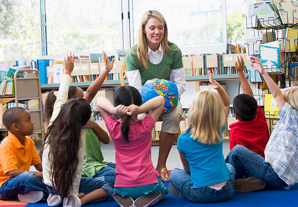 istock Kindergarten teacher and children with hands raised in library 148046891