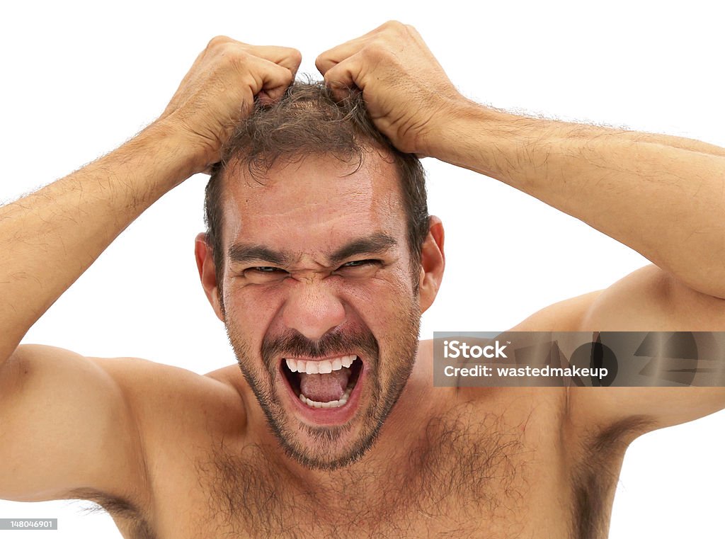 Uomo Tirando i capelli e varia su sfondo bianco - Foto stock royalty-free di Adulto