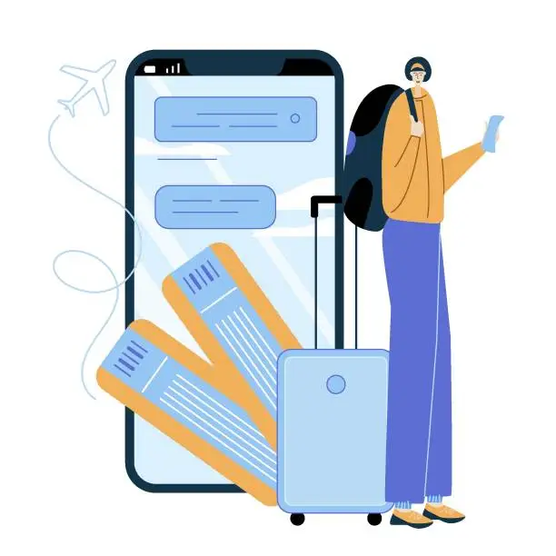 Vector illustration of The the sport woman with backpack, baggage buy online tickets and go to the journey on plane. Illustration good for mobile apps.