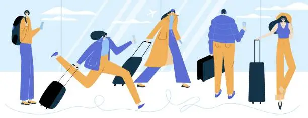 Vector illustration of The set of characters in airport. Passengers, women, mans with baggage is late or go to the boarding and wait. They buy tickets and go to the journey on plane.