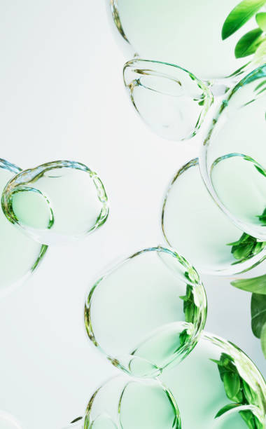 istock Water droplets and leaves background floating in white space, clean abstract vertical 3D rendering 1480477758