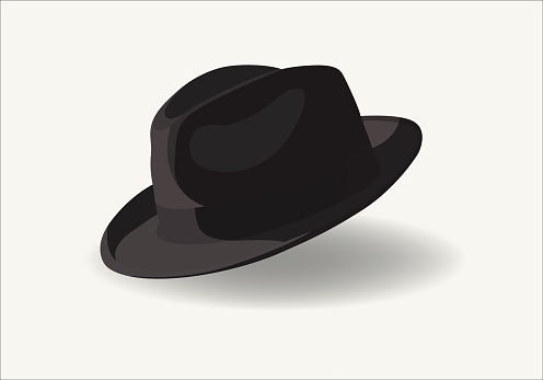 Fedora hat, side view. Wool or felt fabric, dark grey, black color. Men, unisex head accessory. Realistic style graphic vector illustration.