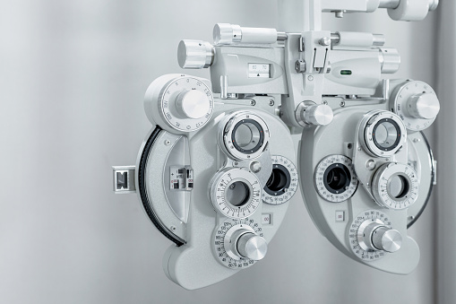 Phoropter, ophthalmic testing device machine, close up