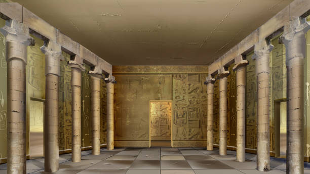 Ancient egyptian temple interior illustration Interior of an ancient temple in Egypt with columns and frescoes on the walls. Digital Painting Background, Illustration. egypt palace stock illustrations