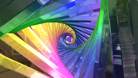 Conceptual illustration artwork. Organic tunnel, 3d abstract tunnel. Glowing neon ring light in tunnel. Multicolor shining triangular tunnel background