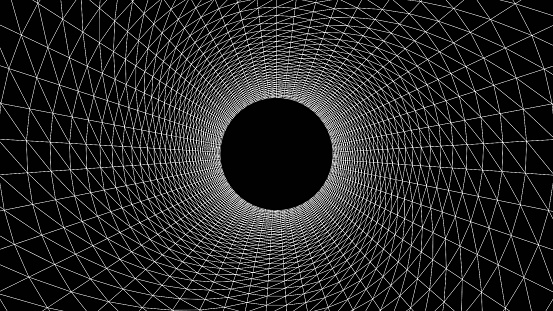 Black and white wireframe geometric shapes tunnel grid on a black background. Geometric shapes from the black lines. Wireframe background 3D Torus chain with lines and dots abstract vector background