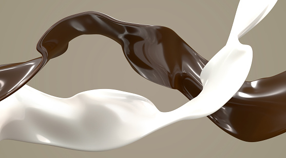 Chocolate and milk waves 3d render. White and dark brown liquid cocoa and cream flow, spiral of coffee, yogurt or dairy drink product, melt glaze, sauce or syrup with glossy texture. 3D illustration