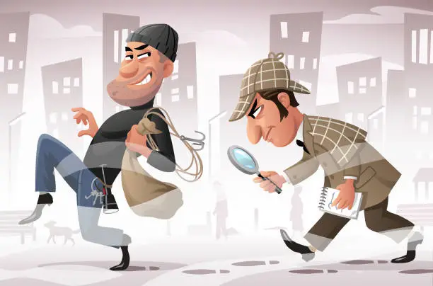 Vector illustration of Detective Pursuing Burglar In A Foggy City