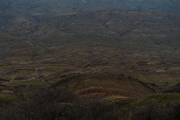 Scenic view to rainbow colorful valley in Gareja desert, close to David Garedja monastery in Kakheti, Georgia