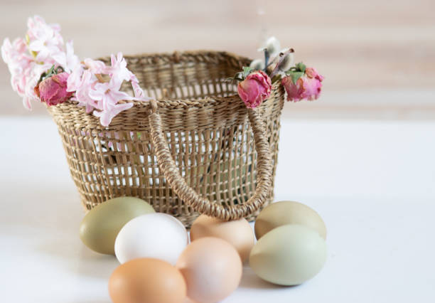 istock still life with simple chicken eggs, soft pastel colors, natural color chicken eggs, eggs in a wicker basket, Easter concept 1480498387
