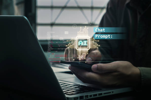 Ai technology AI technology, artificial intelligence. Man touching finger on virtual screen with words AI. Artificial intelligence smart robot enters command to create something. AI technology changes the world. motivation stock pictures, royalty-free photos & images