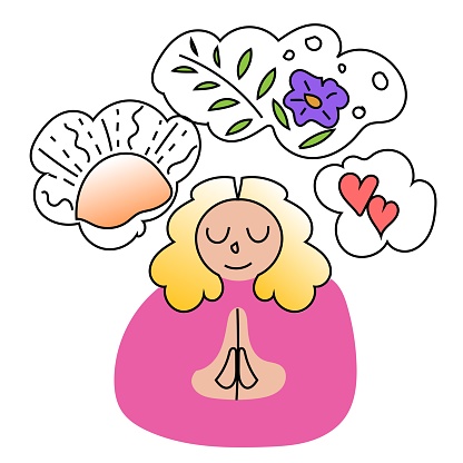 A  girl deep in meditative thoughts. She is manifesting peaceful and happy images in her mind. Hand drawn vector image with original designs.