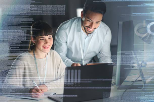 istock Information technology, overlay and team on laptop for digital marketing, programming and coding. Networking, web design and man and woman working online for ux, user interface and tech development 1480501111