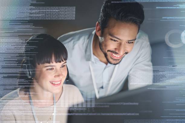 istock Man, woman and pc in night with overlay, happy and coaching for tech support, data analytics and web ux. Teamwork, learning and crm training with 3d holographic for collaboration and coding 1480501114