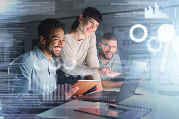 istock Teamwork, laptop hologram and people success in data analytics, cyber security research and cloud computing. Coding, programming and developer woman or group with software solution in night overlay 1480501140