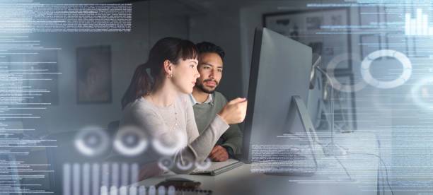 istock Information technology, computer hologram and people stock market research, statistics and graph or chart analysis. Trading, digital overlay or software of team work, fintech data analytics at night 1480501151