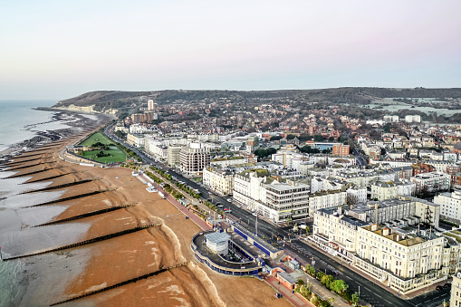 Aerial morning view of Eastbourne  seaside promenade and architecture East Sussex Southern England  Europe