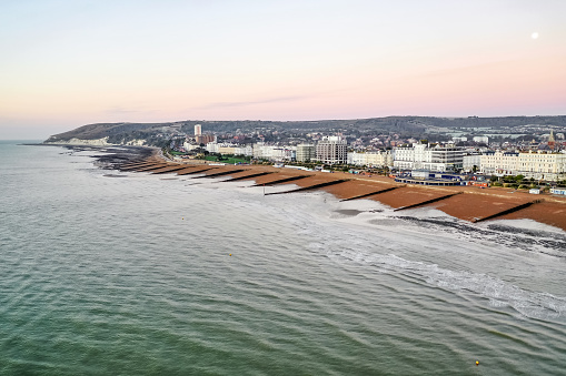 Aerial morning view of Eastbourne  seaside promenade and architecture East Sussex Southern England  Europe