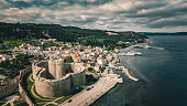 City with an old castle on the shores of the Dardanelles, Kilitbahir aerial view from the Dardanelles, Canakkale City