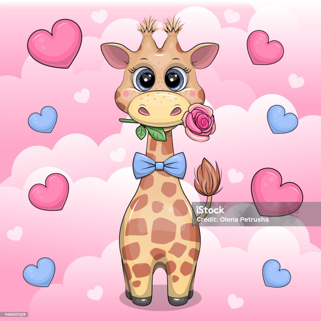Cute Cartoon Giraffe In A Bow Tie Is Holding A Rose Stock Illustration