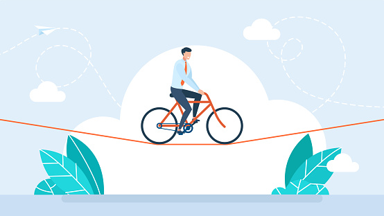 Businessman is riding a bicycle on a rope. Acrobat, performer, challenge concept. Young man acrobat circus artist riding on bike on a rope over blue sky. Confidence skill success. Vector illustration