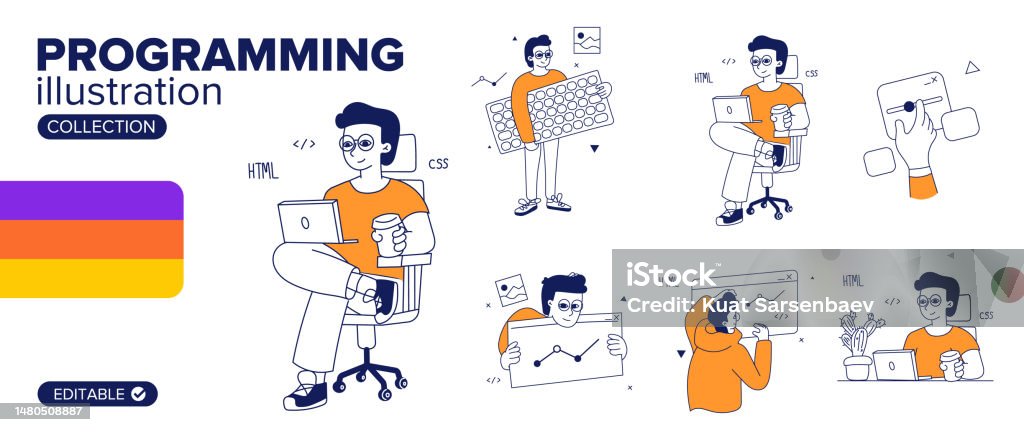 Set Of Illustrations For Programming Various Characters Working On Web ...