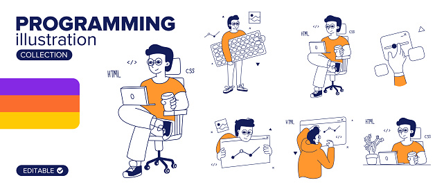 Set Of Illustrations For Programming Various Characters Working On Web ...