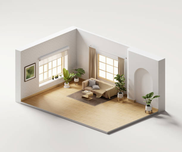 istock Isometric view living room muji style open inside interior architecture 3d rendering digital art 1480509244
