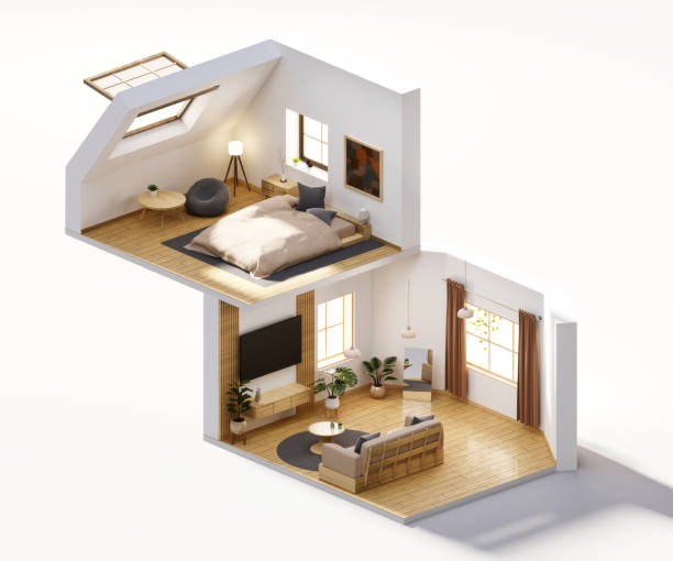 istock Isometric view bed room muji style open inside interior architecture, 3d rendering digital art. 1480509269