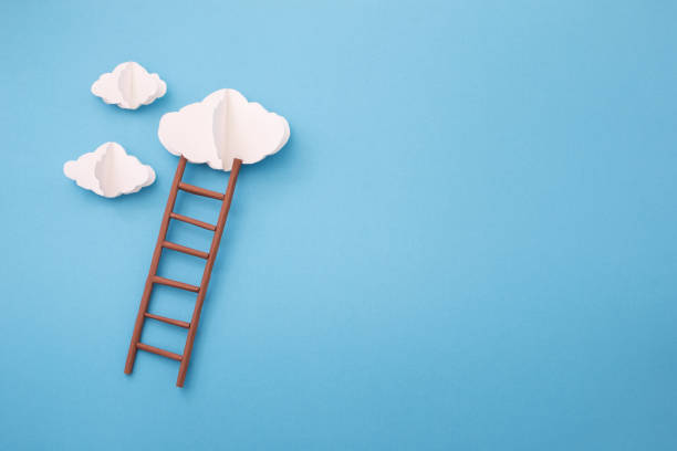 istock Stepladder into big clouds made of paper cut on blue background. 1480512675