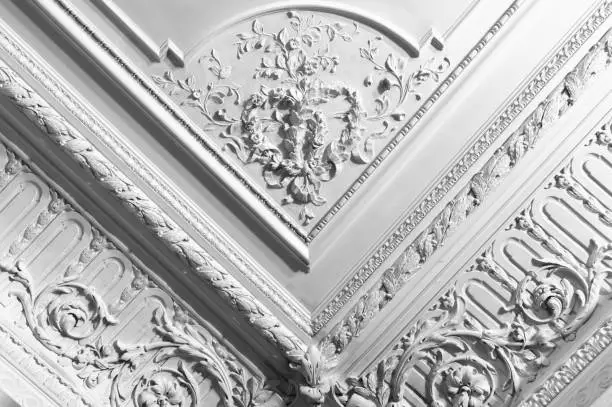 White gypsum bas-relief details, ceiling corner design, rococo style, classic architecture abstract template