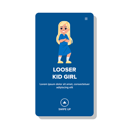 looser kid girl vector. child hand, boy funny, gesture expression, caucasian face, sign looser kid girl web flat cartoon illustration