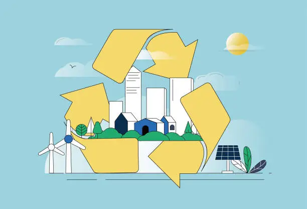 Vector illustration of Photovoltaic panels, wind turbines, city, recycle arrow symbols. Environmental protection concept illustration.