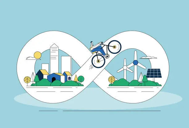 Vector illustration of Figure eight cycle symbol and urban environment. Environmental protection concept illustration.