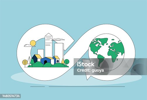 istock Earth, city, infinite loop symbol, environmental protection concept illustration. 1480514734