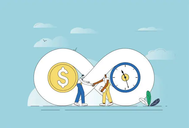 Vector illustration of Long-term business cooperation, dollar and time transactions.