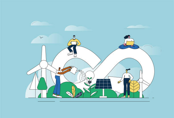 ilustrações de stock, clip art, desenhos animados e ícones de environmental protection concept illustration. - man energy turbine