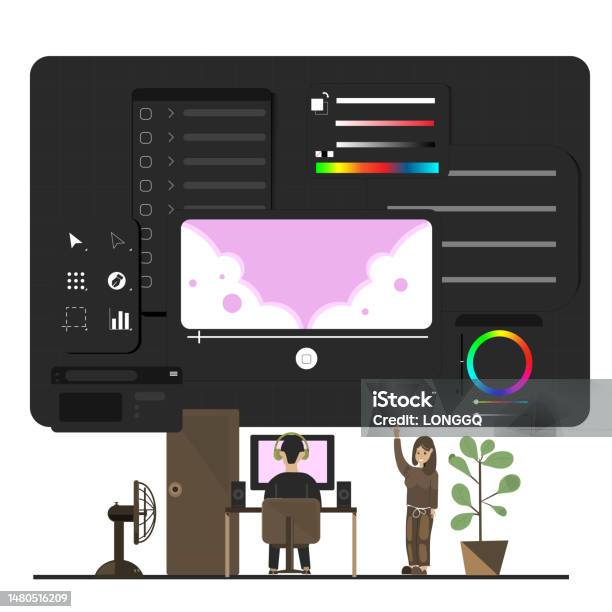 Vector Flat Style Cartoon Men Working In Program Interface Stock ...