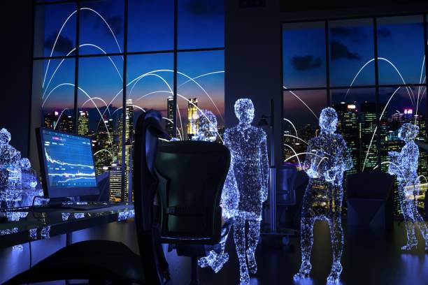istock Teamwork in metaverse with Cyber City skyline 1480517486